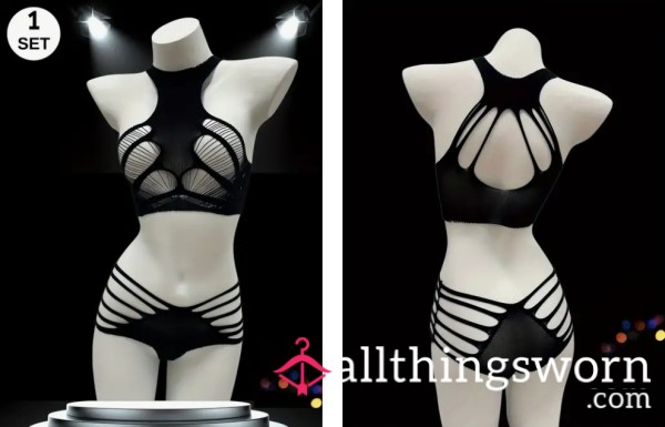 2pcs S**y Hollow See Through S**y Lingerie BLACK ( One Size )