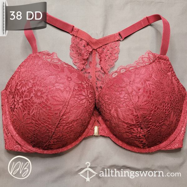 38 DD Dark Red Lacey Racer Bra