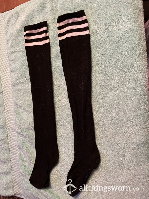 BLACK WITH WHITE STRIPE ABOVE KNEE SPORT SOCKS- WORN OR CLEAN