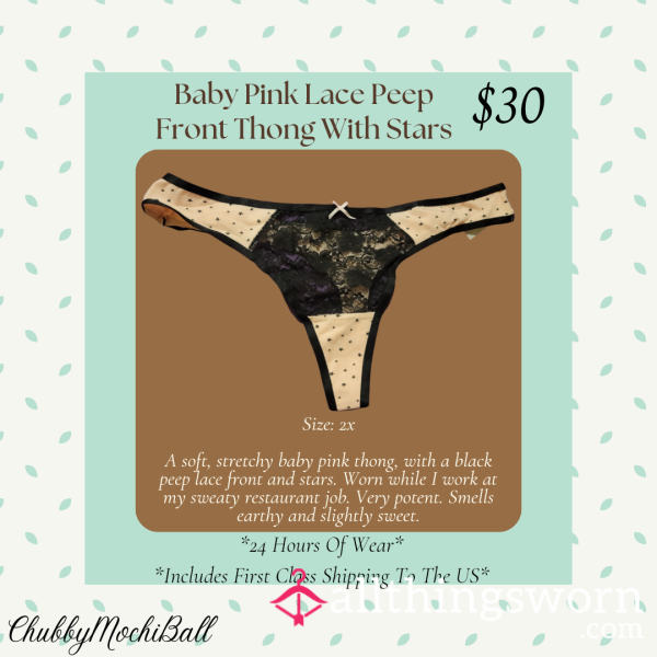 BBW Baby Pink Lace P**p Front Thong With Stars