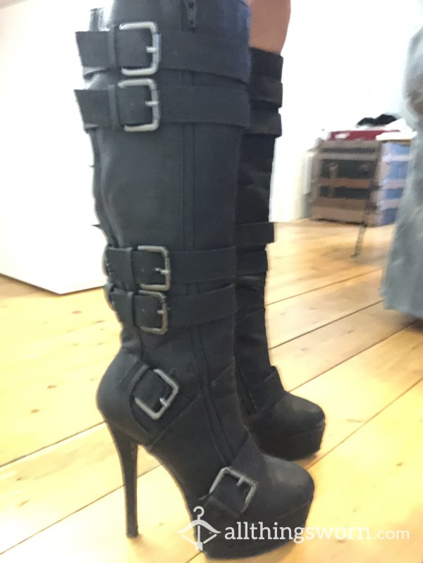 Black Bondage Style Heeled Combat Boots