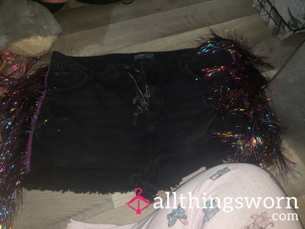 Black Denim Mystery Stain Ta**le Shorts