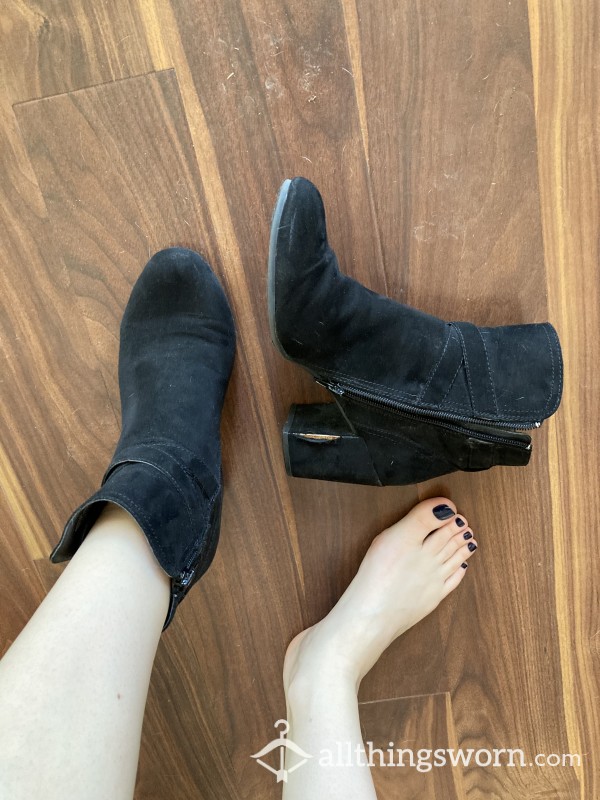 Black, Faux Suede, Well-worn Booties