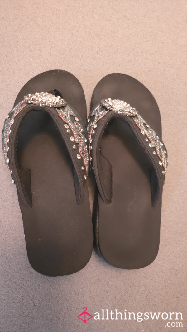 Black Jeweled Well Worn Flip Flips