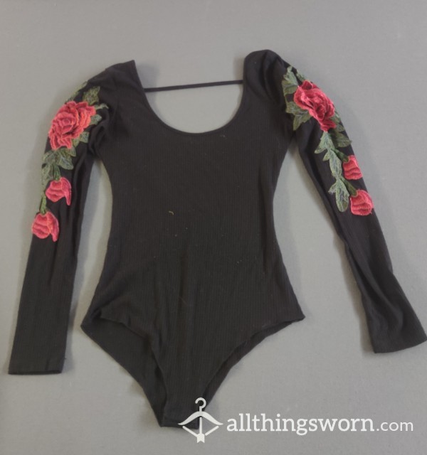 Black Open Back Long Sleeve Bodysuit With Embroidery