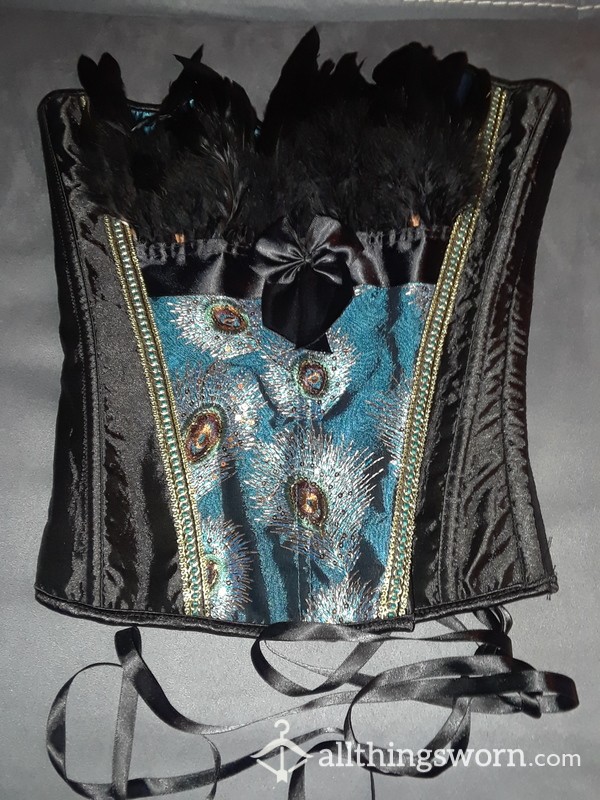 Black Satin Feathered Peac*ck Corset