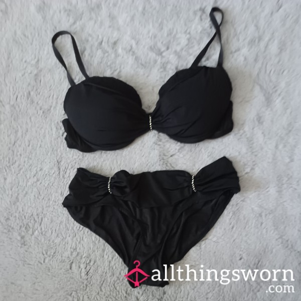 Black Satin, Lace And Rhinestones Matching Set