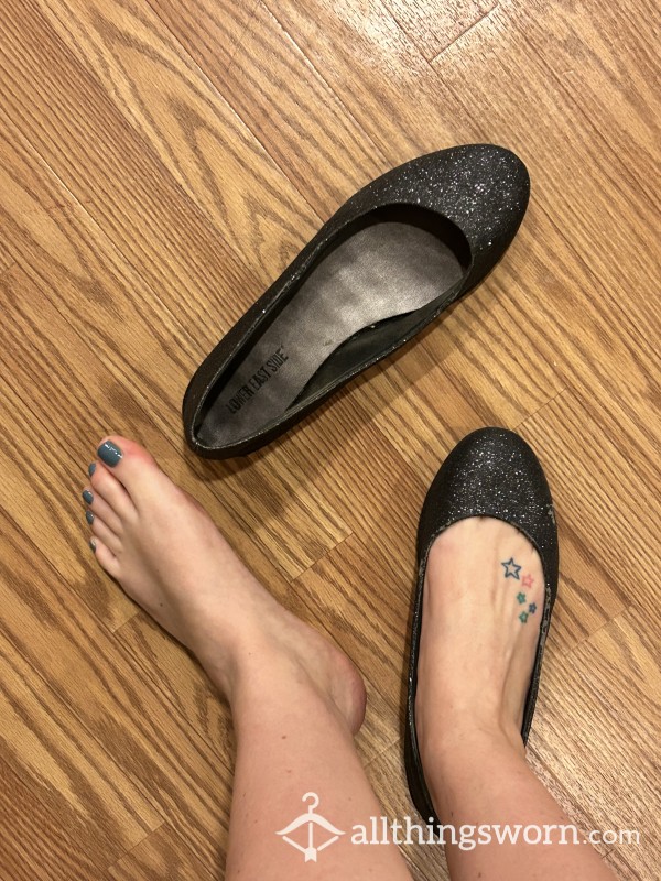 Black Sparkle Flats, Size 10, Very Worn