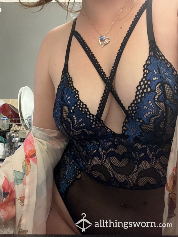 Black Thong Bodysuit With Blue Lace Details