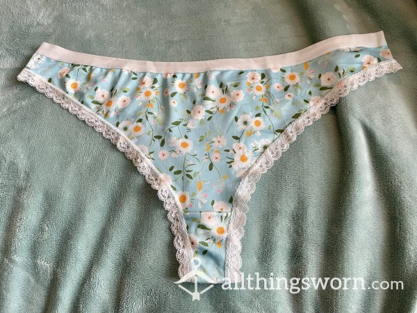 Blue Flor*l Thong With Lace Detail