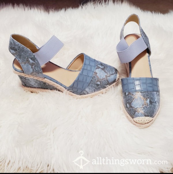 Blue Snakeskin Print Wedges