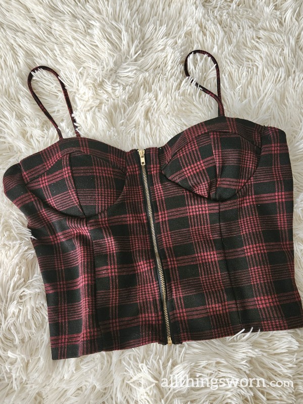 Burgundy Black Plaid Zipper Bustier Crop Top