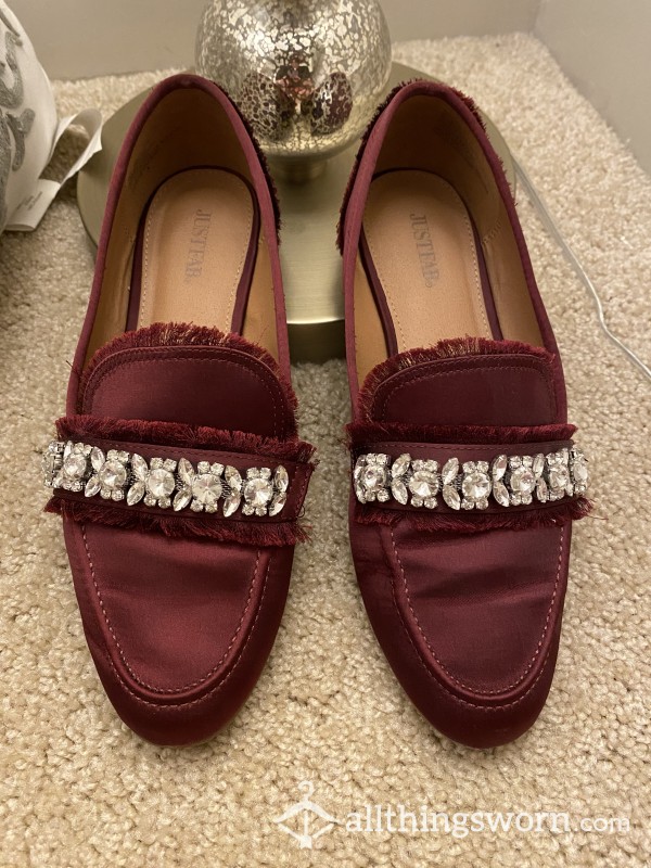 Burgundy Wine Red Satin Fringe Loafer Flats With Gemstones