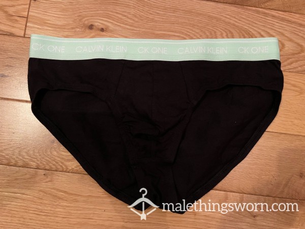 Calvin Klein CK ONE Tight Fitting Black Hip Briefs With Light Green Logo Waistband (M)