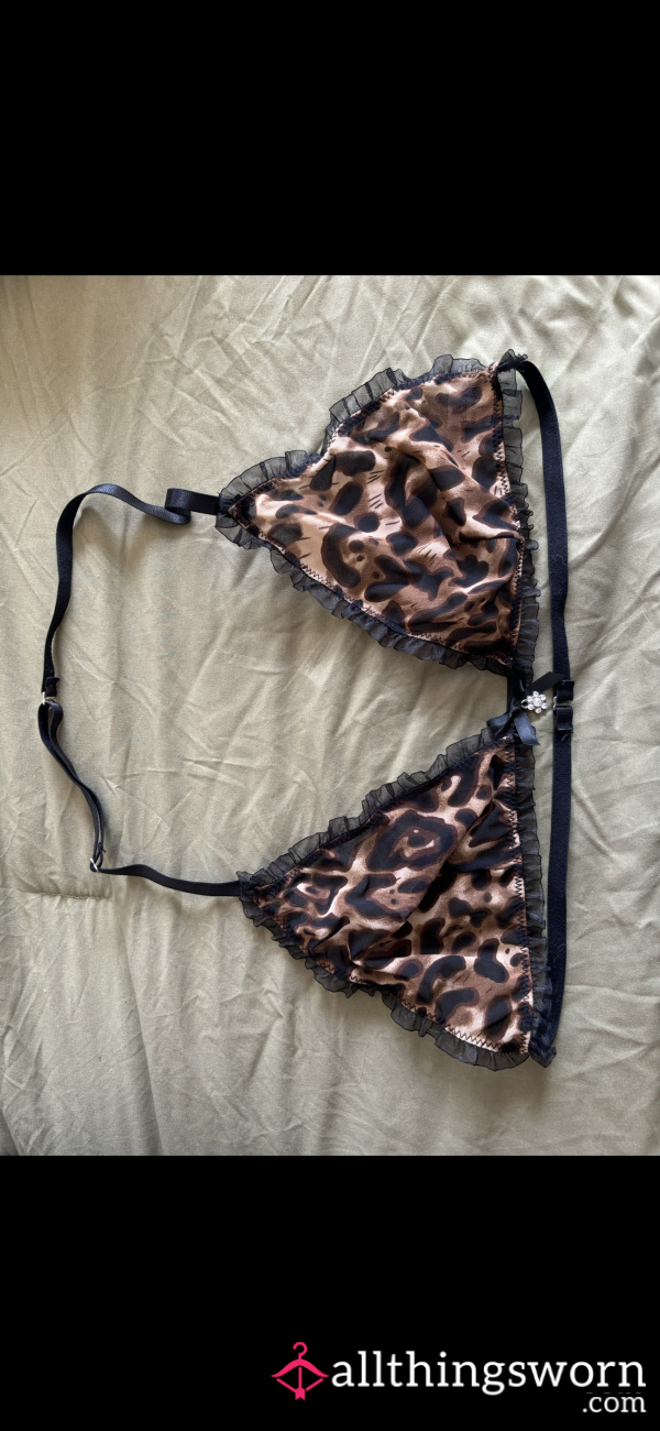 Cheetah Print Bra | XL | Mesh Fabric | Breathable | Black Straps | Flower Gem | Lace Accents | Tiny Bow