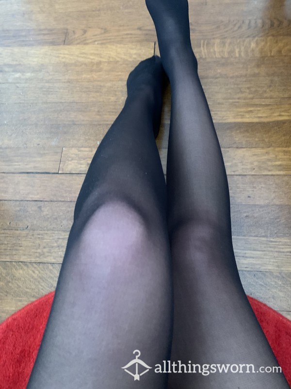 College Student’s Creamy, Worn Sheer Black Pantyhose