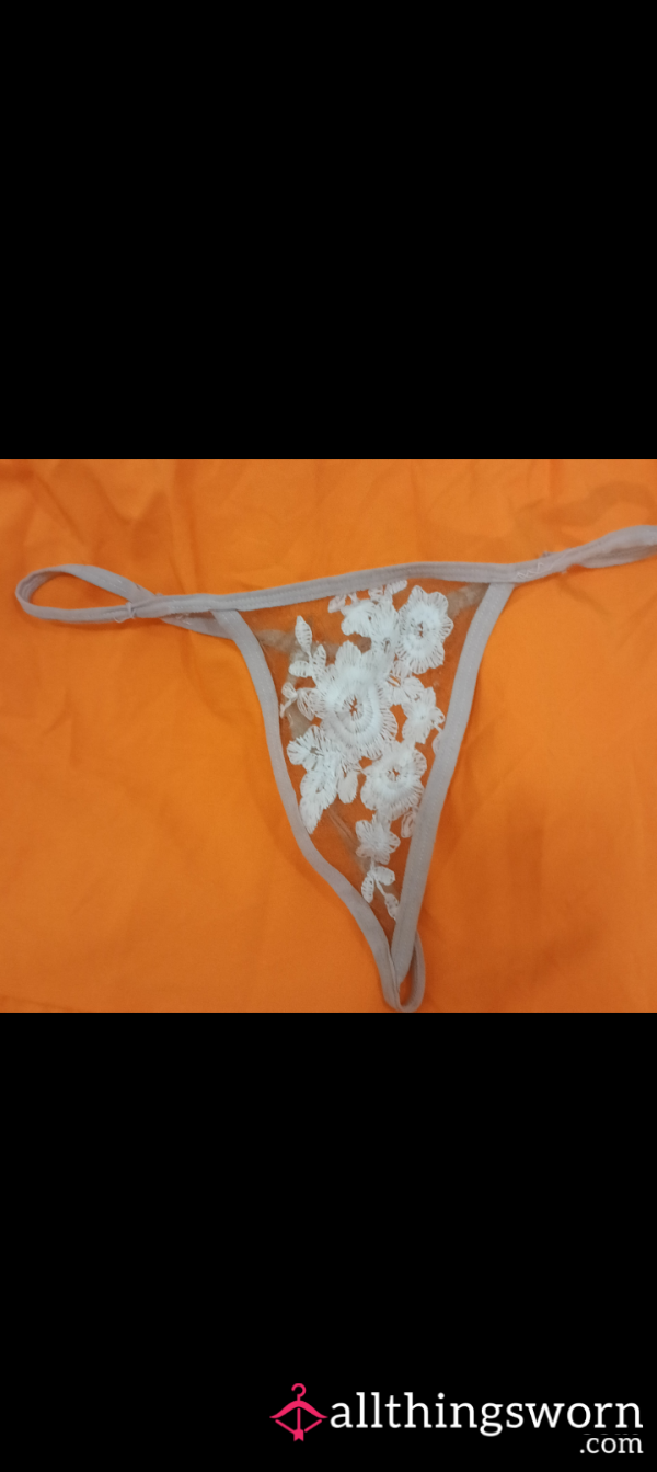 Cream Mesh Thong With White Flowers-Size M