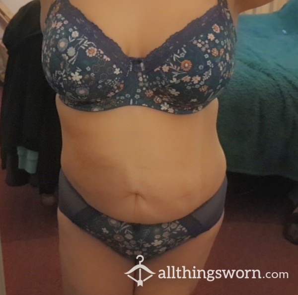 Cute Flor*l Summery Blue Bra And Panties Set