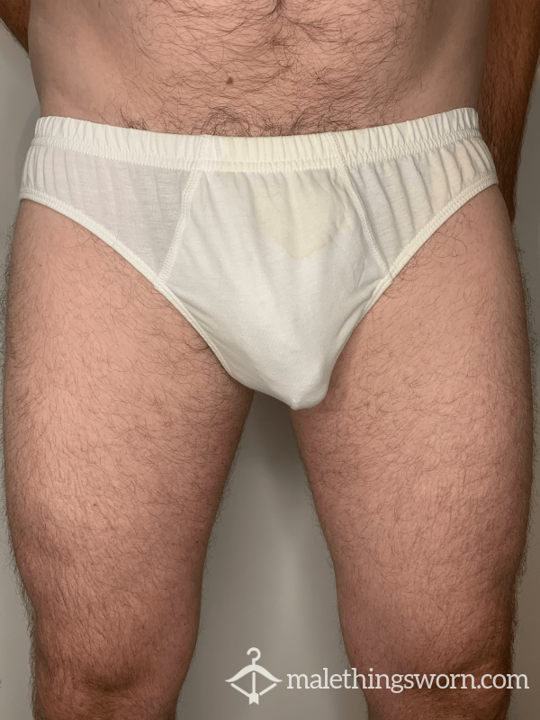 SOLD - Dad's C*m Stained White Slip Briefs