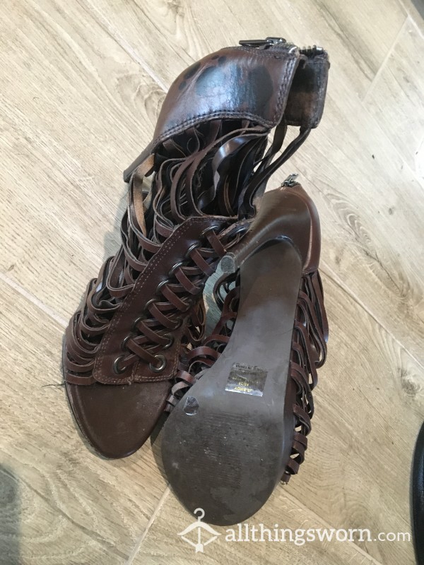 Dirty Old Brown Cage Heels