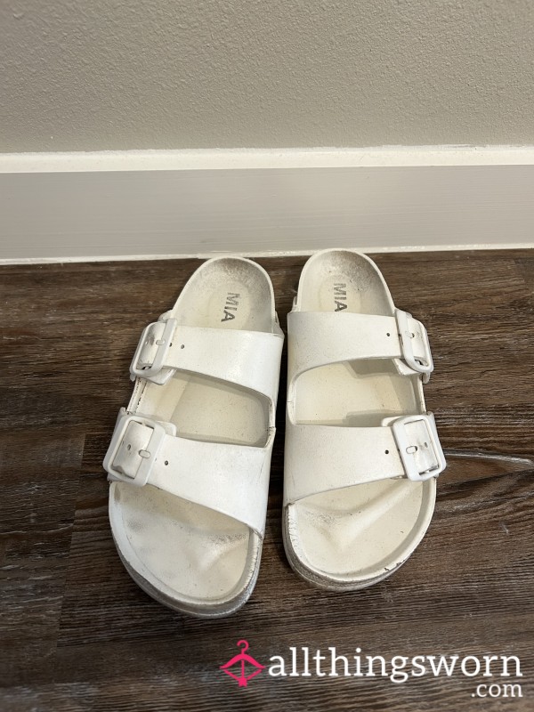 Dirty Well Worn White Slides