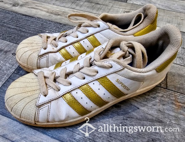 Extremely Well Worn Adidas Super Star Sneaker Trainers For You Foot Fet**h Slaves, Very Worn Very Loved And Lived In!!