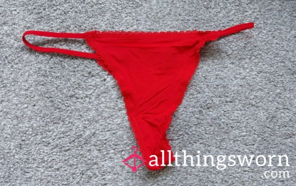 Gorgeous Red Silky Gstring With Lace Trim