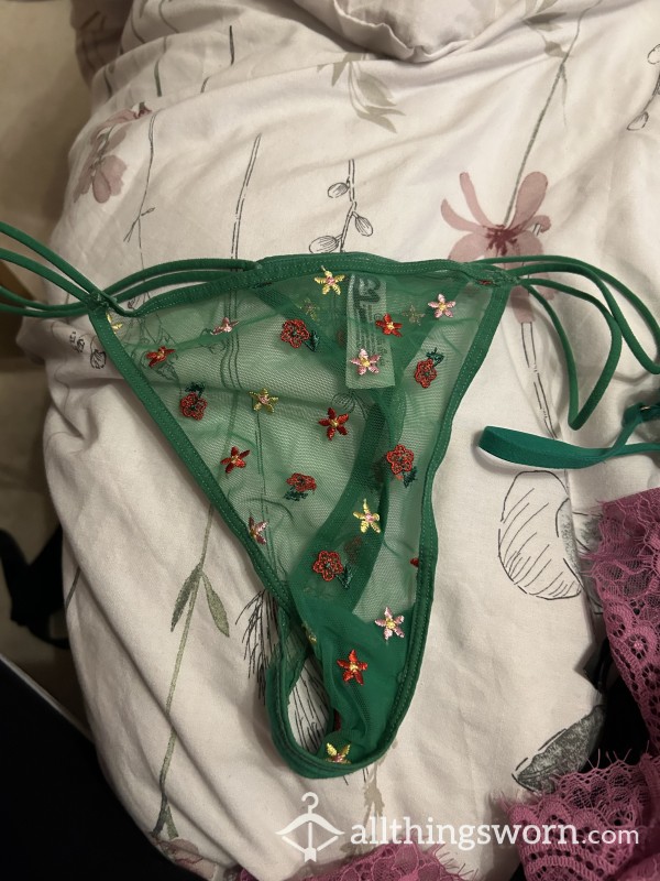 Green Flor*l Thongs, Worn For 24 Hours