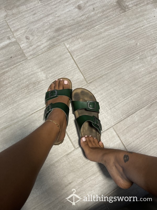 Green Strapped Slides,Dark Lovely Footprint