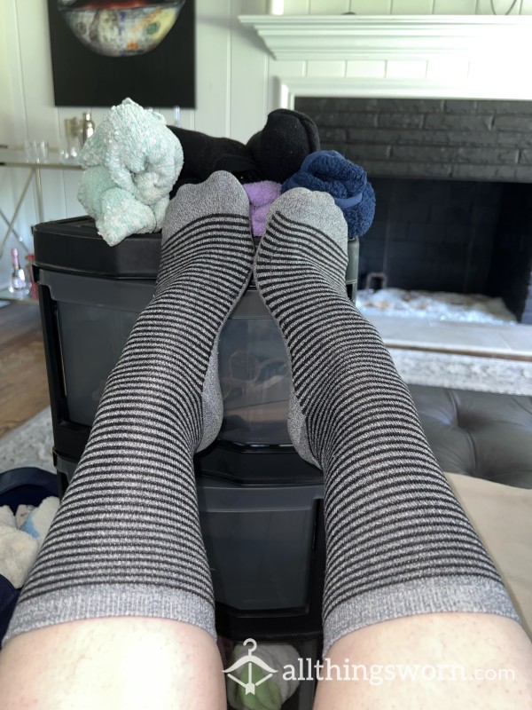 Grey & Black Striped Crew Socks