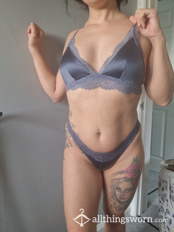 Grey Satin/silk Bralette And Thong Set