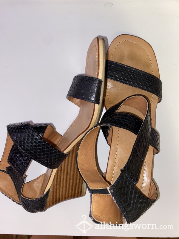 Healed Well Worn Black Leather Wedges