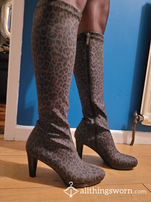 High Heel Boots Leppard Print Size 6 Worn With Stockings S**y Nylon Feet, Nylons And P&P Included Uk