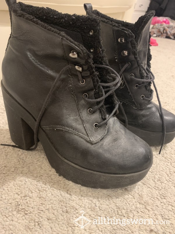 High Heel Chunky Boots Size 5 Well Worn