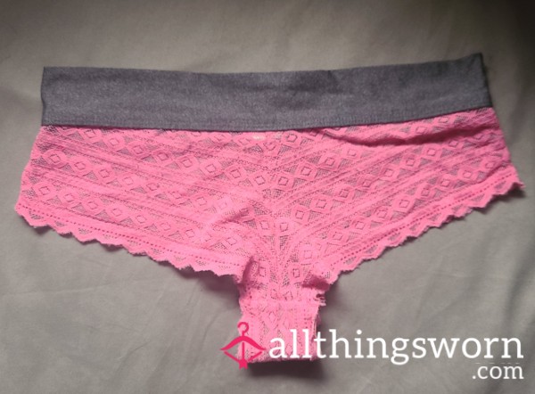 High-Waist Pink + Grey Cheeky Thong- Old & Stretched Out - Slightly Stained Gusset