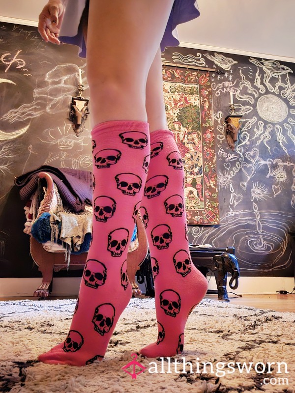 Hot Pink Knee High Skull Socks