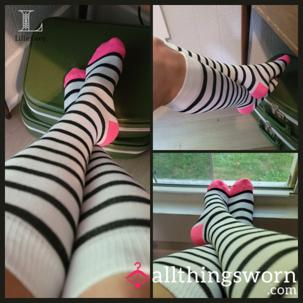 🧦 Knee-Hi Black & White Striped Socks W/ Bright Pink Toes ~ Worn To Your Liking