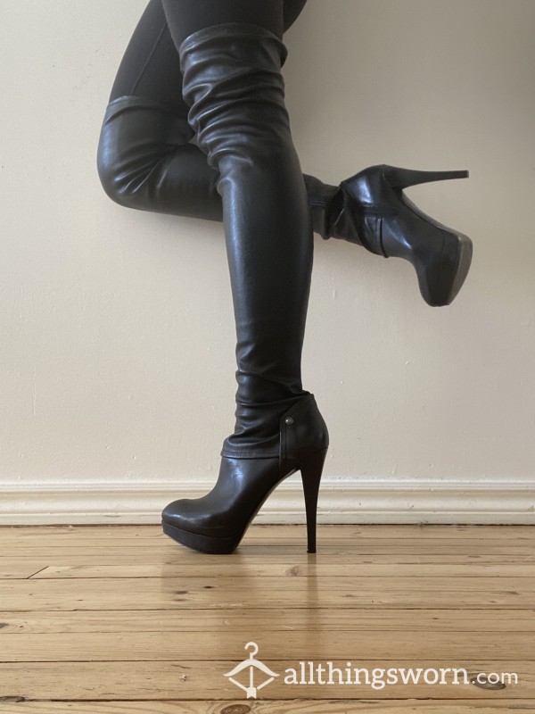 Thigh High Black Leather Boots