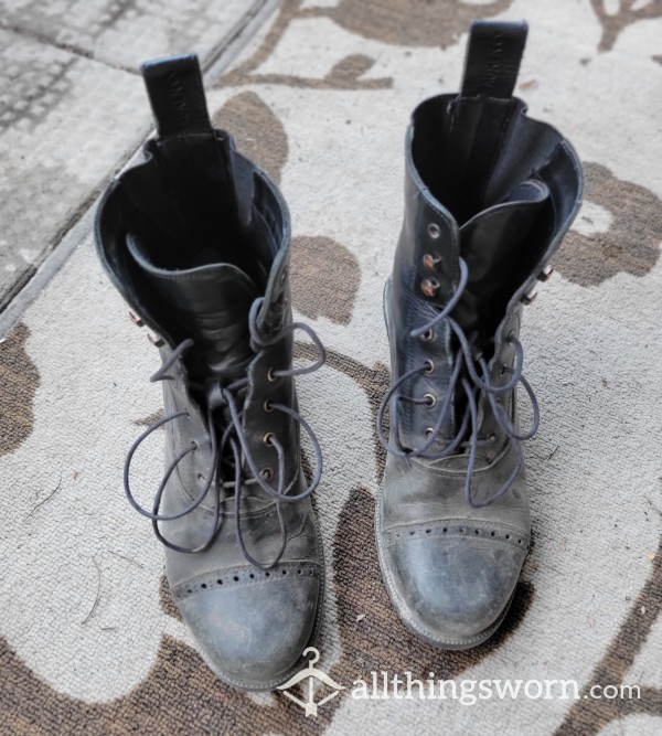 Dirty Black Leather Horse Back Riding Boots