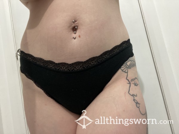 Lace Trim Black Cotton Thong