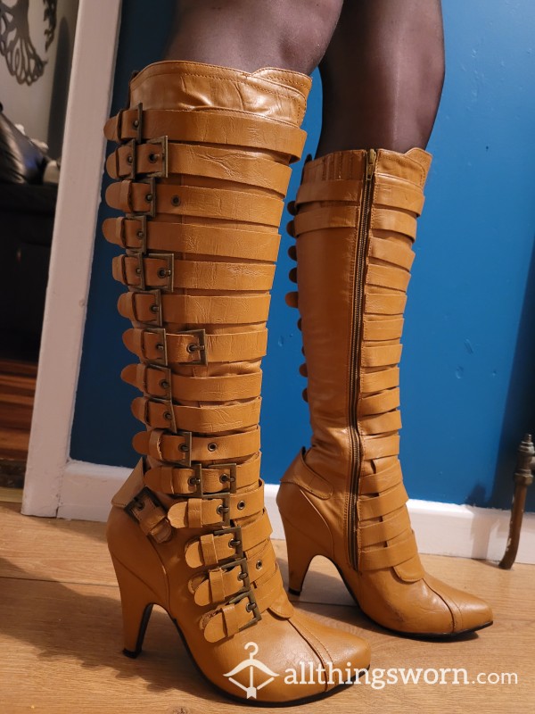 Leather Boots Heels With Buckles Size 5 Worn With Stockings S**y Nylon Feet, Nylons And P&P UK Included