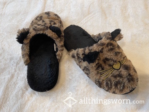 Size L/XL Leopard Print Cat Slippers