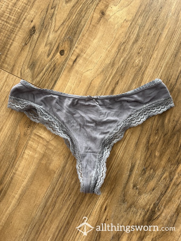 Light Grey Cotton Lace Trim Thong Xx