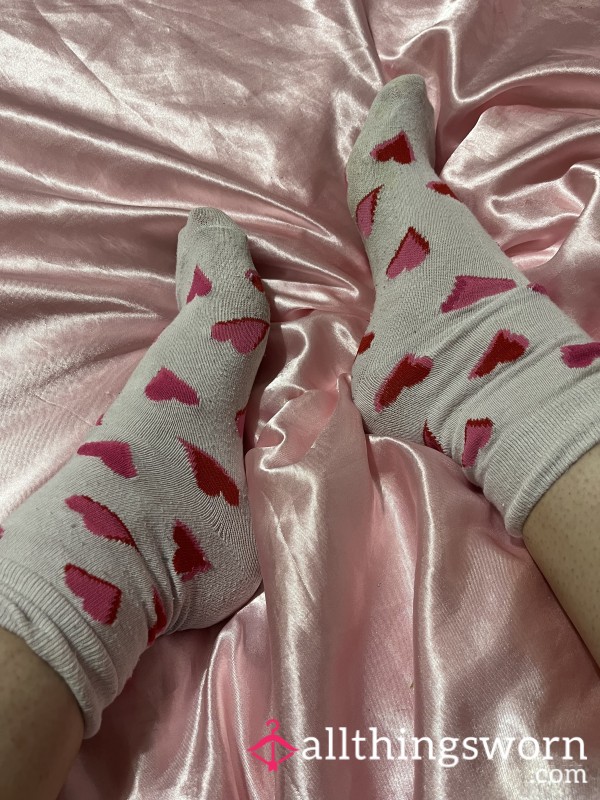 Light Pink Ankle Socks With Hot Pink Hearts 💕 Sniff My Perfect Feet 💞