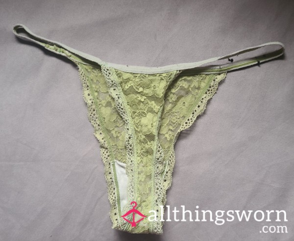 Lime Green Lace Thong - Very Faded & Heavily-Worn - Size Small