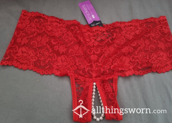 Love Honey Pearl String Red Crotchless Boyshorts