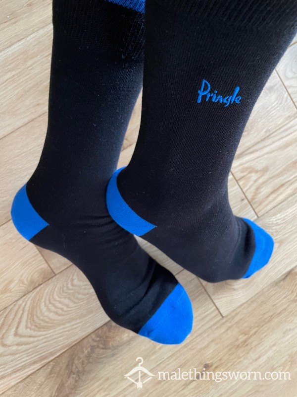 Luxury Pringle Scotland Black Dress Socks With Embroidered Blue Logo, Heel & Toe, You Want To Sniff A Bit Of Cla**?