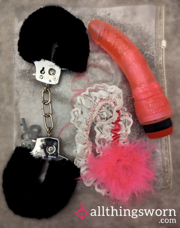 Mandy's S** Toys - Di**o, Garter And Black Fluffy Cuffs