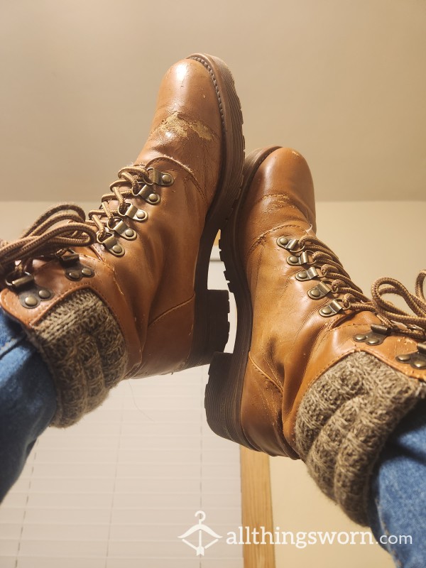 Mega Worn Size 8 Brown Flat Boots With Knitted Top & Faux Fur Top Lining