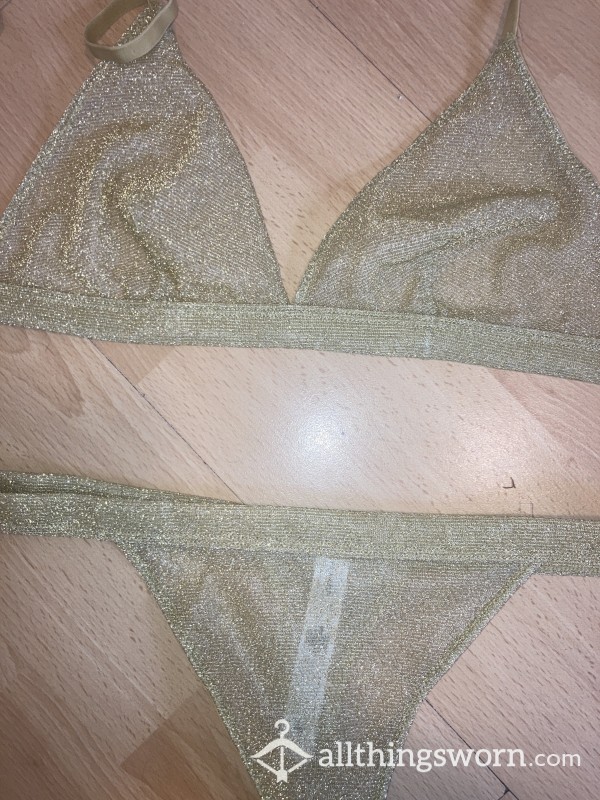 Mercedes’ Gold Glitter Bra And Thong Set